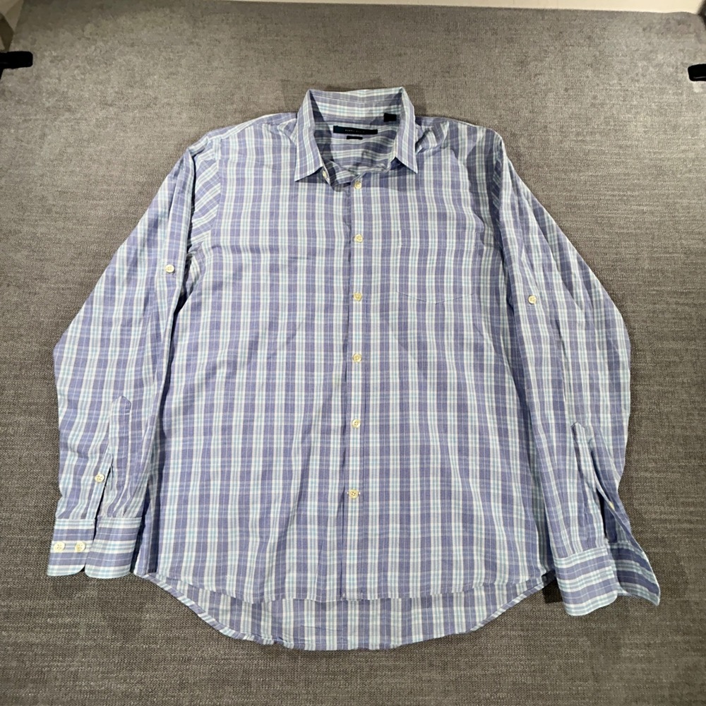 Perry Ellis Button Down Shirt Mens XL Blue Plaid Slim Fit Long Sleeve Cotton
